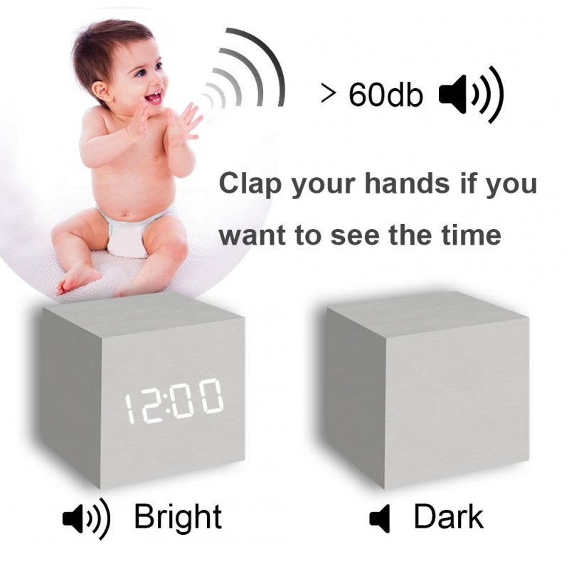 Wooden Digital Alarm Clock LED Light Multifunctional Modern Cube Displays Date Temperature for Home Office 