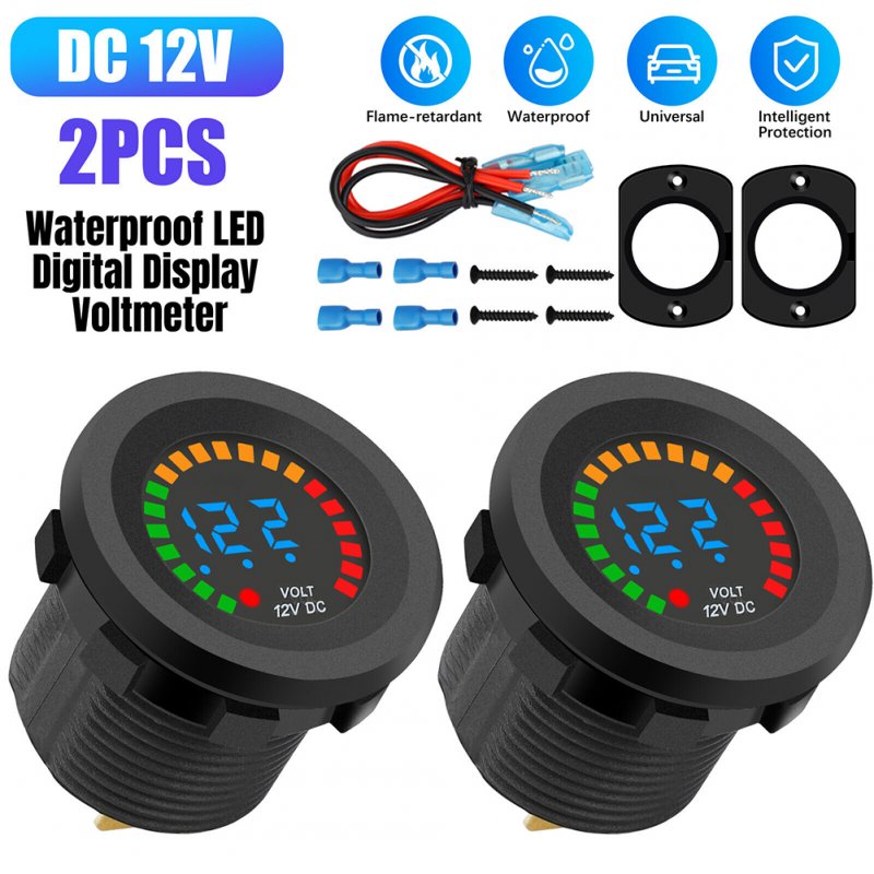 2PCS Battery Meter Waterproof Dc 12v Voltmeter LED Digital Display Voltage Gauges Round for Marine Car Motorcycle 