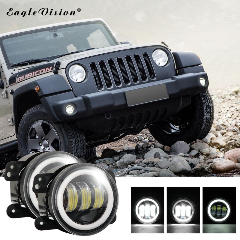1 Pair 4Inch Round Led Fog Lights 30W 6000K White Halo Ring DRL Off Road Fog Lamps For Jeep Wrangler  
