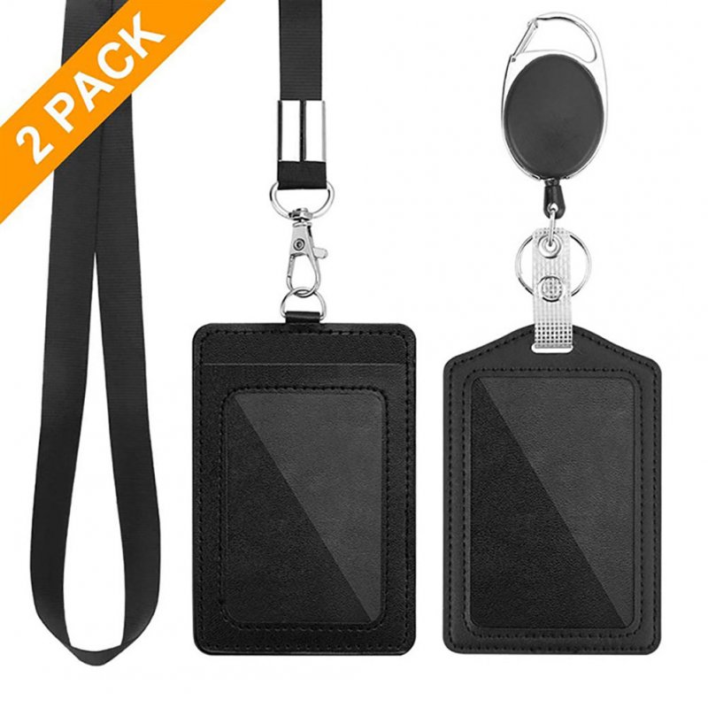 2 Pack Badge Holders Set PU Leather Vertical ID Badge Card Holder With Lanyard Retractable Badge Reel ID Card Holder For Nurse Teacher Office 