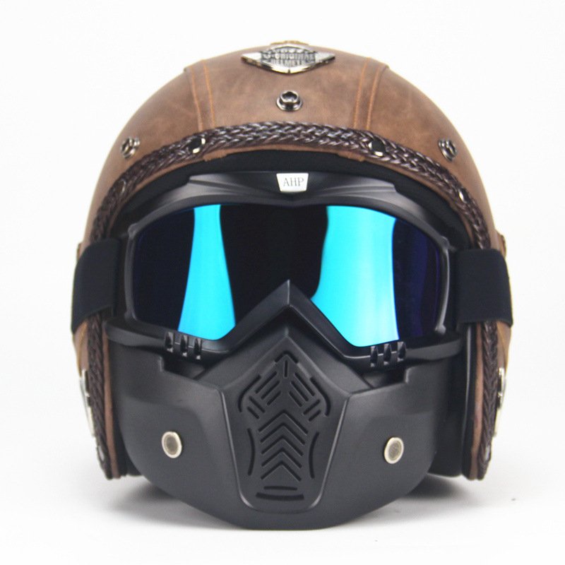 Unisex PU Leather Helmets 3/4 Motorcycle Chopper Bike Helmet Open Face Vintage Motorcycle Helmet with Goggle Mask  black_L