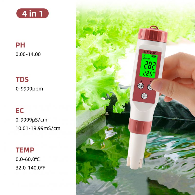 4-in-1 9908 Water Quality Test Pen Ph/tds/ec/temp Portable Bluetooth Tester for Drinking Water Aquariums Backlight