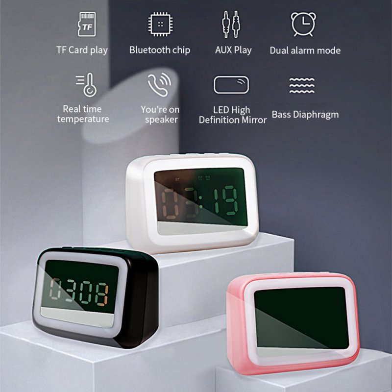 Bluetooth Speaker HD Mirror Display Led Digital Smart Alarm Clock Night Light Card FM Audio Player 