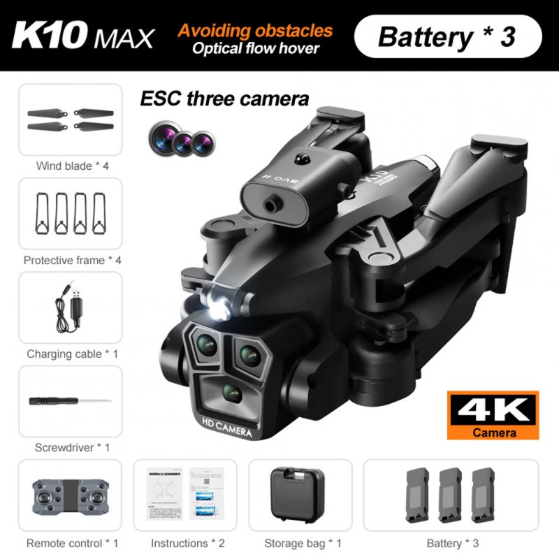 K10max RC Drone with 3 Cameras 4k Optical Flow Localization 4-Way Obstacle Avoidance Quadcopter 