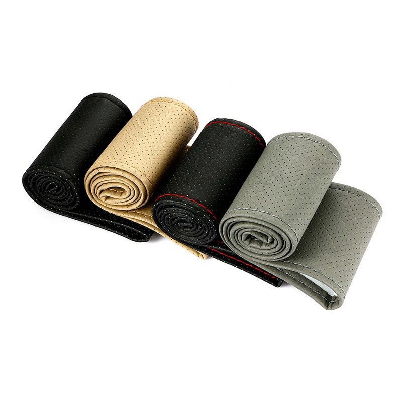 Hand Sewing Steering Wheel Cover Microfiber Leather Sweat-absorbent Breathable Car Steering Wheel Cover Beige_36cm