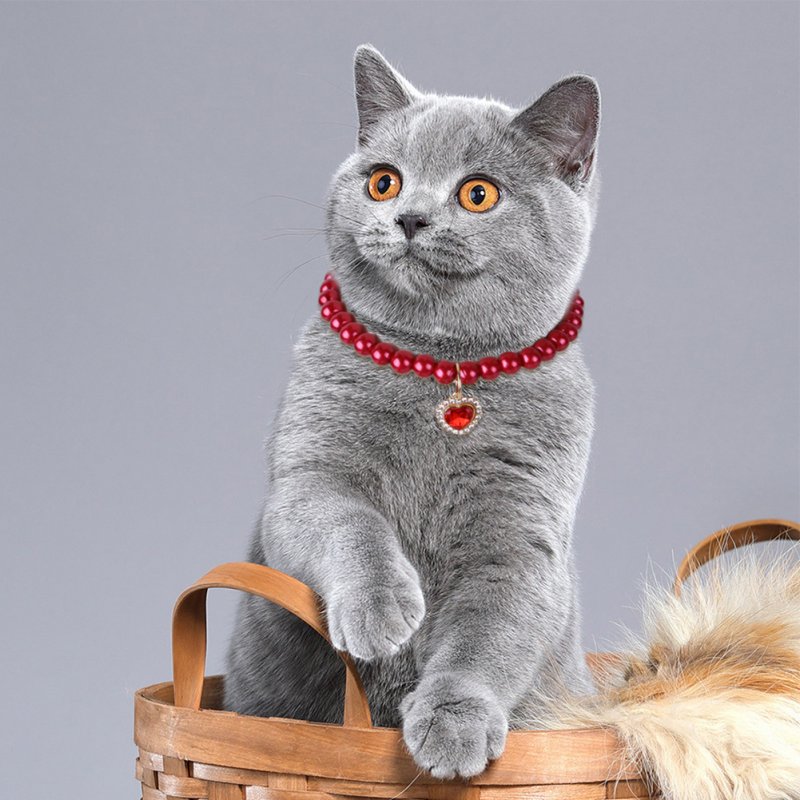 Pet Pearl Necklace With Heart-shaped Diamond Pendant Cat Jewelry With Safety Buckle For Small Medium Dogs gray purple One size fits all