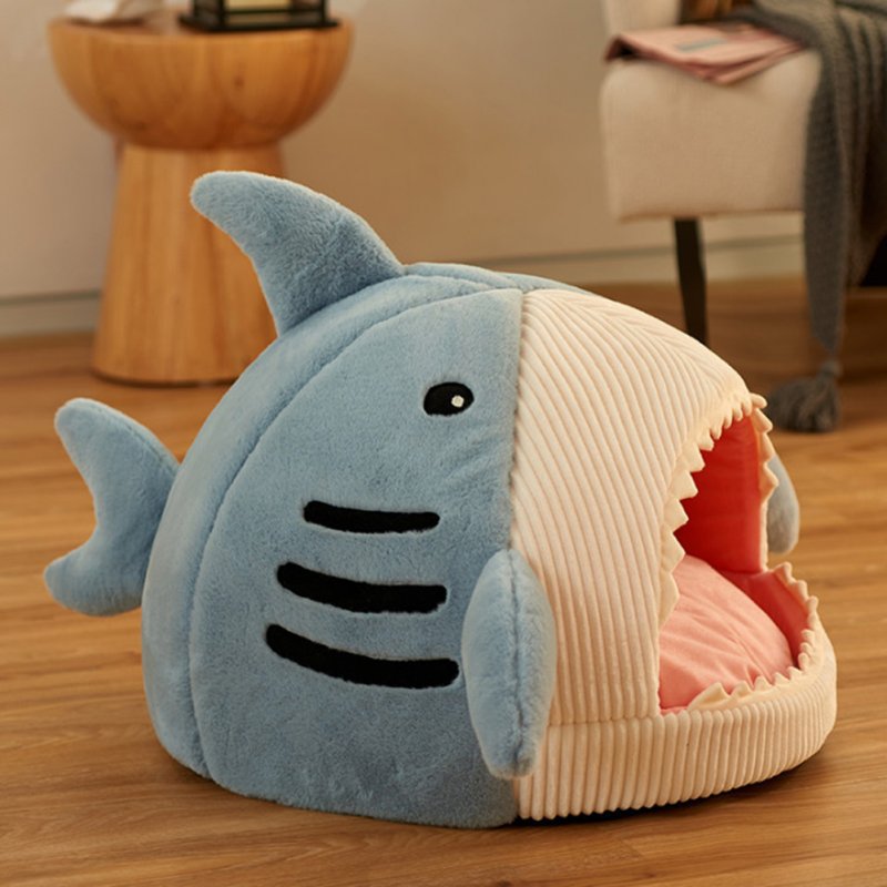 Cute Shark Pet Sleeping Bed Hideout House Warm Soft Comfortable Semi-closed Cat Dog Nest Grey Small