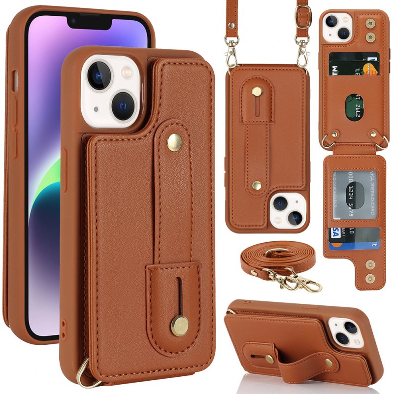 Mobile Phone Case For Iphone14 S23 A54 Leather Case With Wristband Kickstand Card Holder Strap black 14 pro