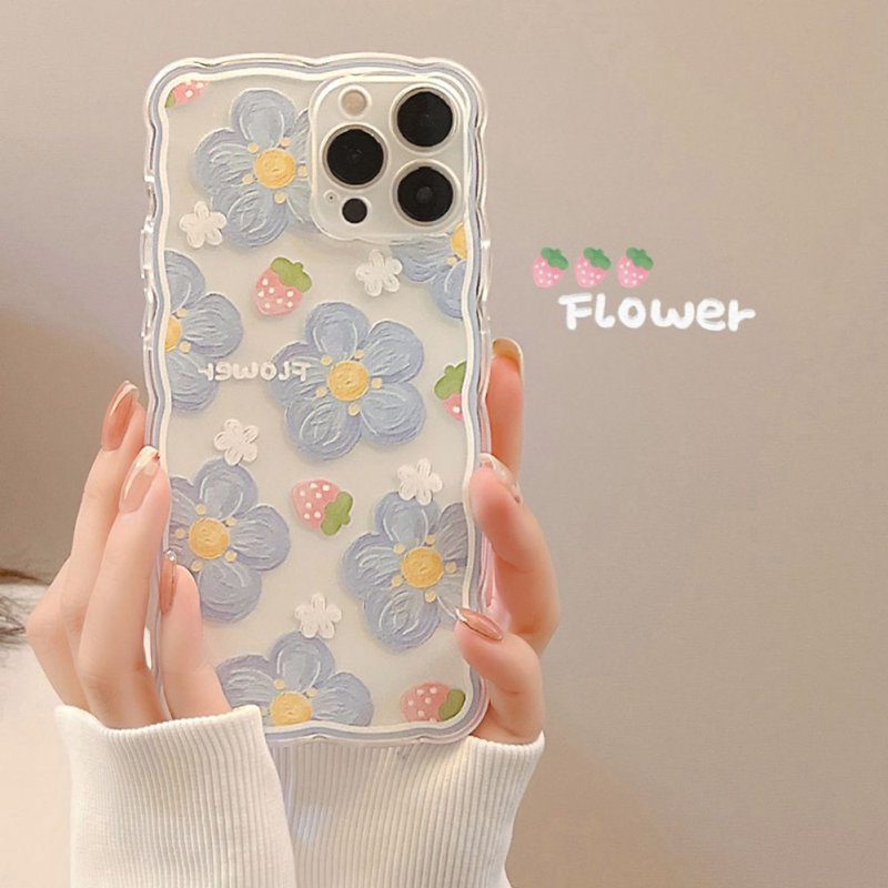 Phone Case Strawberry Flower Pattern Wavy Edge Smart Phone Protective Cover Compatible for IPhone 15 14 13 Pro Max Transparent blueberry flowers 15 Pro MAX