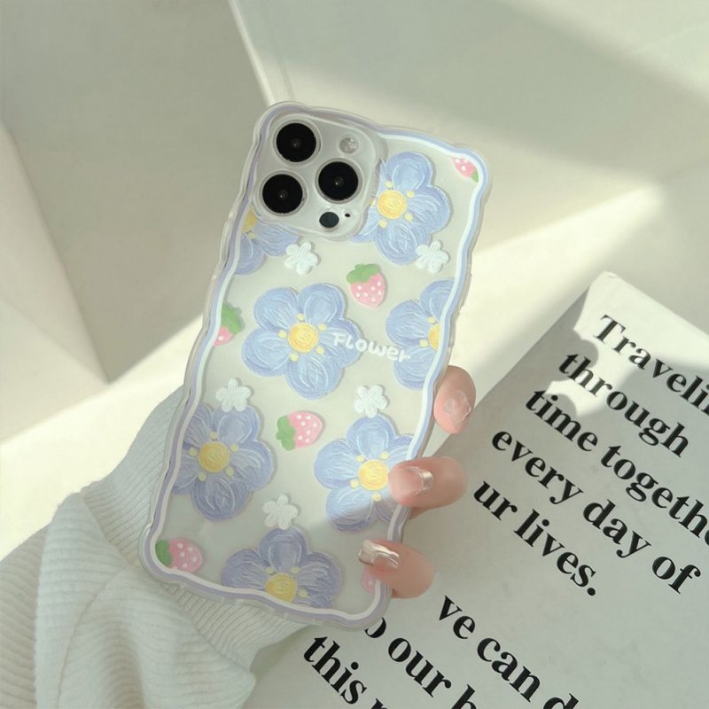 Phone Case Strawberry Flower Pattern Wavy Edge Smart Phone Protective Cover Compatible for IPhone 15 14 13 Pro Max Transparent blueberry flowers 15 Pro MAX