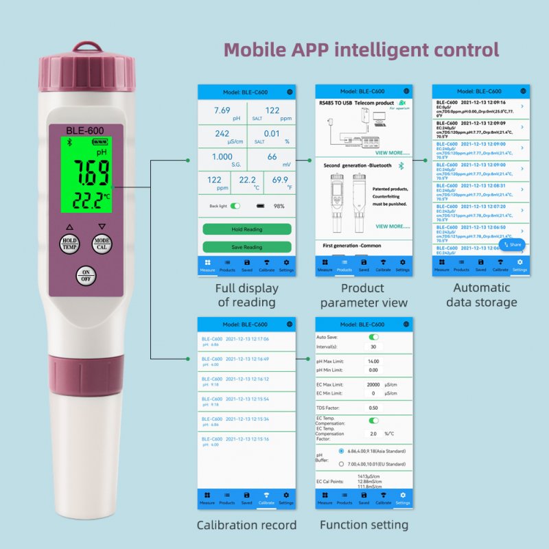 C600 7-in-1 Water Quality Test Pen Portable Ph/tds/ec/orp/salinity /s.g/temperature Bluetooth Tester