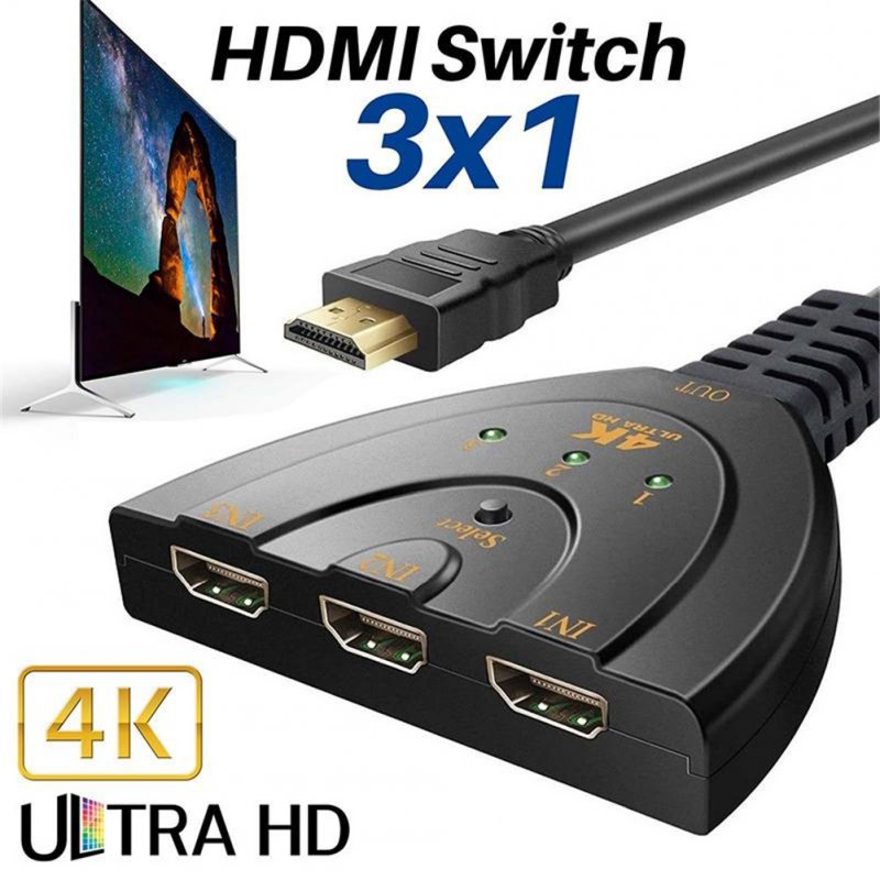 for 3-Port HDMI Splitter Switcher with Pigtail Cable Supports 4K 2K 1080P 3D Player DVD HDTV 3-in 1-out Port Hub for Xbox PS3 PS4 R25 