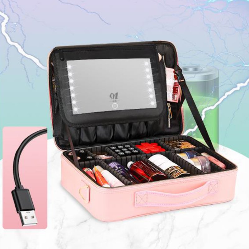 Portable Makeup Bag with Led Lights Mirror Make Up Case Organizer with Adjustable Dividers 