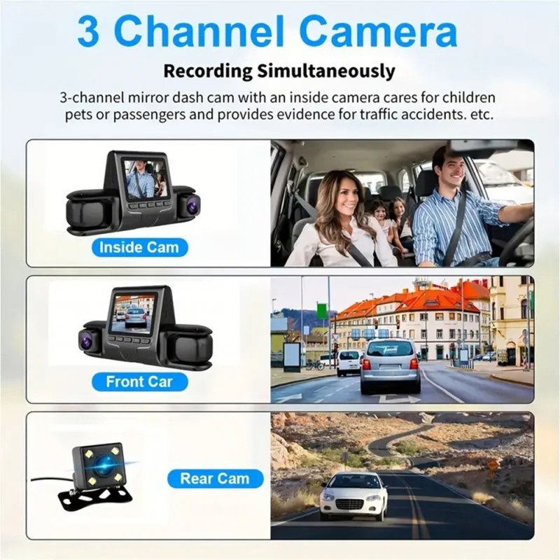 Dash Cam 3 Channel Front Rear Inside 1080P Car Dvr Dashboard Camera with IR Night Vision Loop Recording 