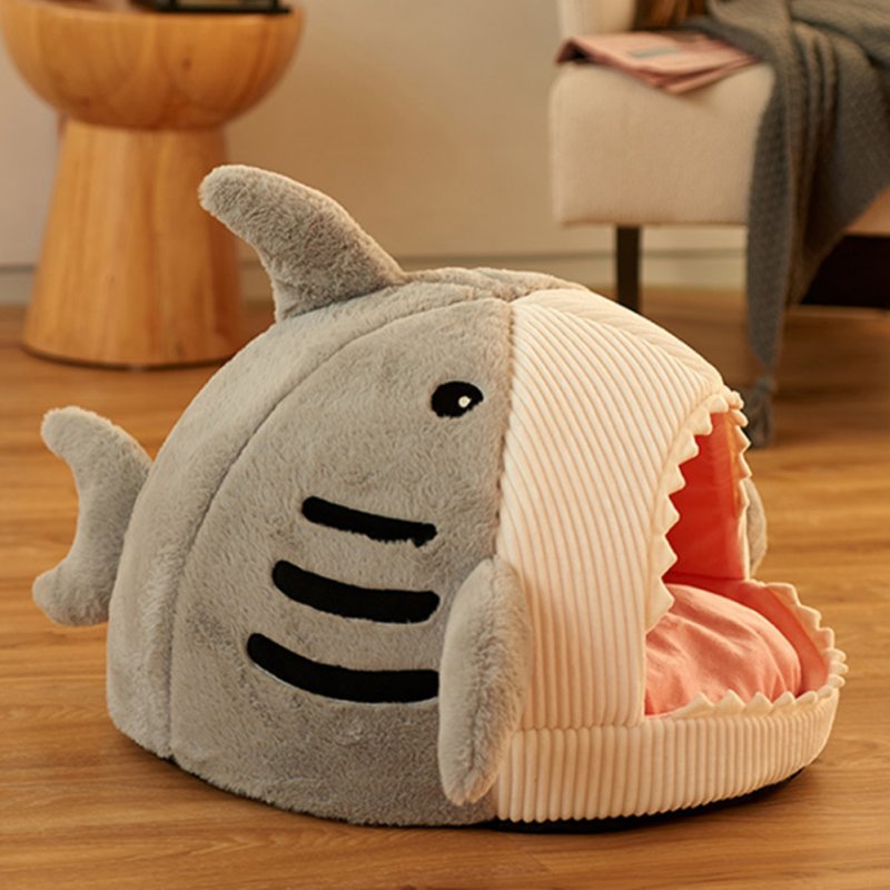 Cute Shark Pet Sleeping Bed Hideout House Warm Soft Comfortable Semi-closed Cat Dog Nest Grey Small