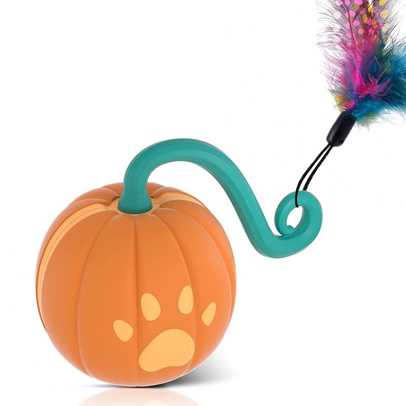 Cat 2-speed Interactive Toys Ball with Led Light 3pcs Feathers Type-c Charging Built-in 500mah Battery Pumpkin