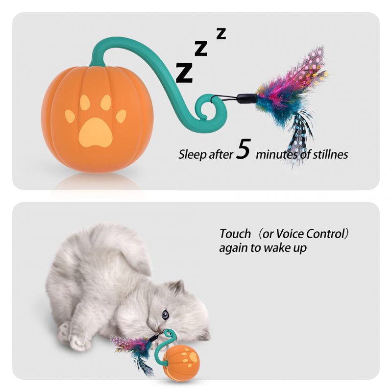 Cat 2-speed Interactive Toys Ball with Led Light 3pcs Feathers Type-c Charging Built-in 500mah Battery Pumpkin