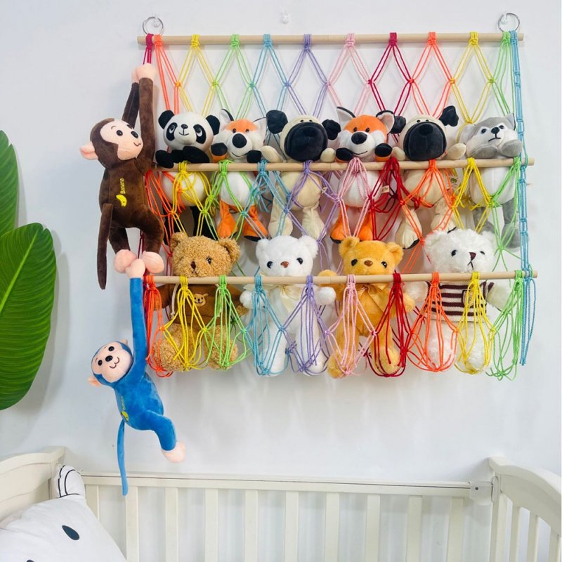 Wooden Stuffed Toy Net Hammock Hanging Toy Organizer Mounting Height Adjustable For Nursery Play Room Bedroom Kid's Room 