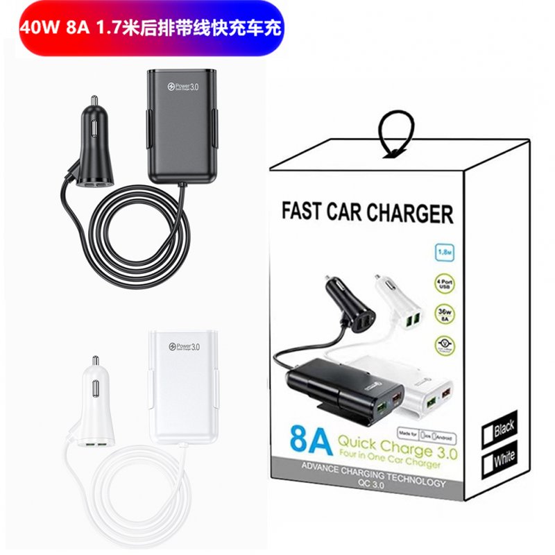 Car  Charger 8a Qc3.0 Front Rear Seat Car Charger 1 To 4 Multi-port 4usb Car Charg Ing Adapter With Cable Universal For Dc 12v 