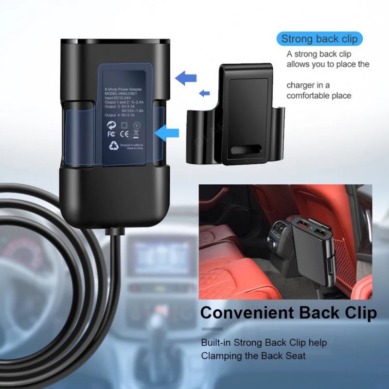 Car  Charger 8a Qc3.0 Front Rear Seat Car Charger 1 To 4 Multi-port 4usb Car Charg Ing Adapter With Cable Universal For Dc 12v 