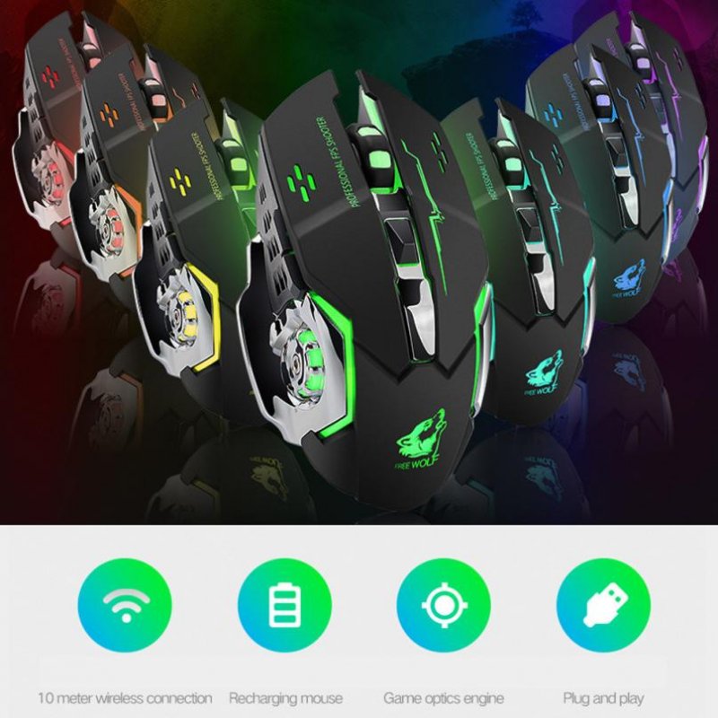 Free Wolf X8 Rechargeable Wireless Silent LED Backlit Gaming Mouse USB Optical Mouse for PC, 