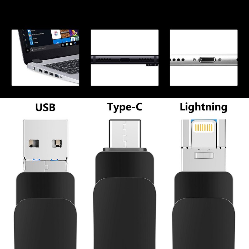 Multiple Capacities Metal Fashion 3-in-1 Universal Usb Flash Drive High-speed Usb 3.0 Port Otg Port Compatible For Mobile Phone Computer Business black_32GB