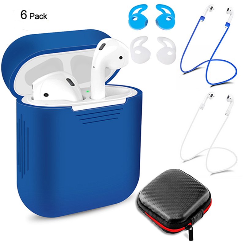 6 Pcs/Set Silicone Protective Cover & Receiving box & Anti Lost Strap & Ear Cover Hooks for Apple AirPods Case Blue C