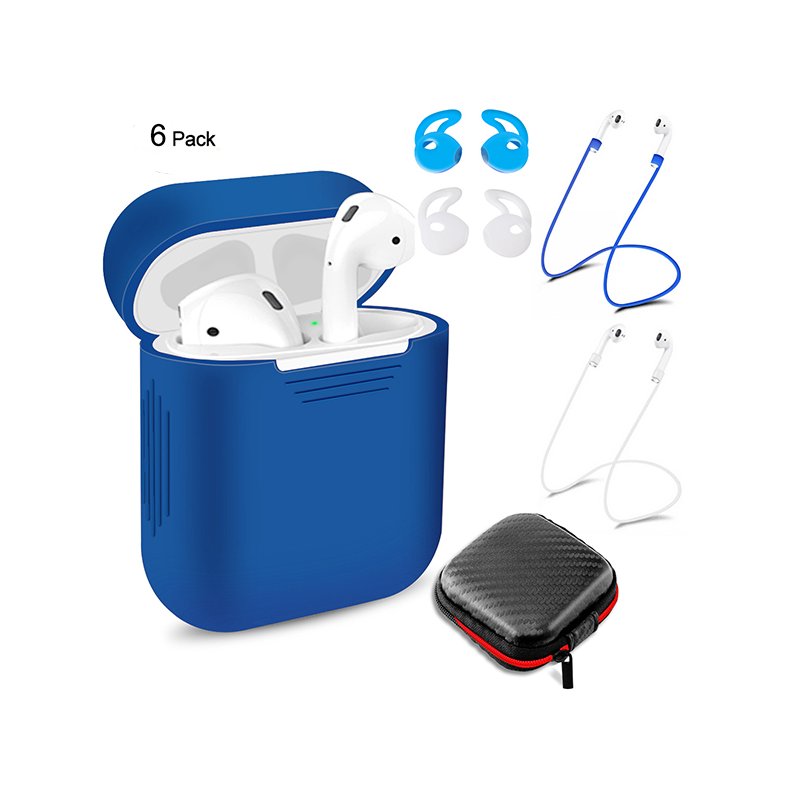 6 Pcs/Set Silicone Protective Cover & Receiving box & Anti Lost Strap & Ear Cover Hooks for Apple AirPods Case Blue C