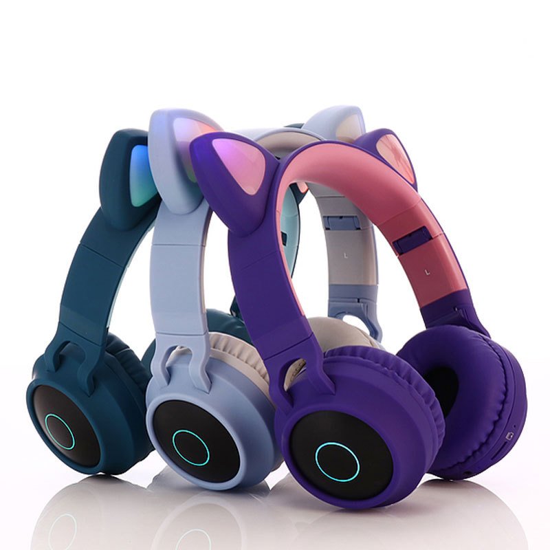 Cute Cat Ear Bluetooth 5.0 Headphones Foldable On-Ear Stereo Wireless Headset with Mic LED Light Support FM Radio/TF Card/Aux in for Smartphones PC Tablet  