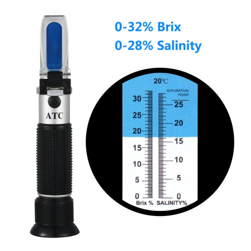 2-in-1 Optical Refractometer 0-32 Sugar Meter/0-28 Salinity Meter Automatic Temperature Compensation Fructose Brine Tester