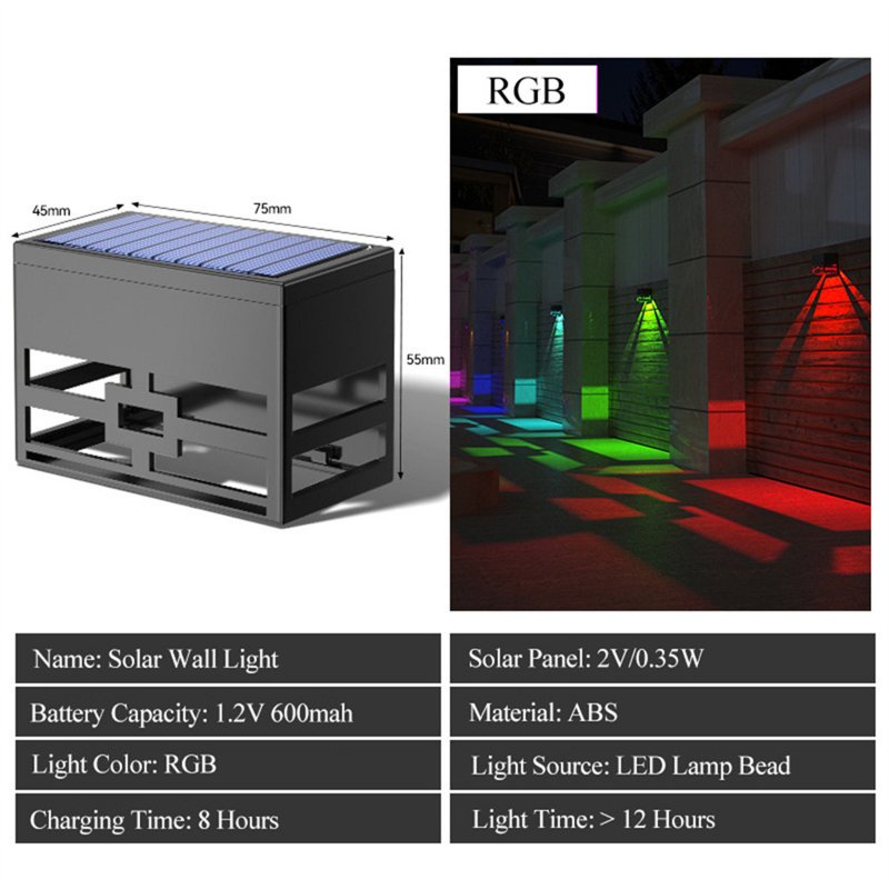 4 Pcs Led RGB Solar Wall Lamp With 2V/0.35W Solar Plate Outdoor Waterproof Sconce Lantern For Balcony Yard Street Garden Decoration RGB gradient 4 pack