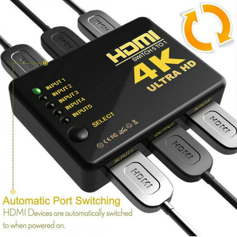 5-in-1 1080P to HDMI Splitter Switch Adapter Switcher 4K Ultra HD HDCP 3D HDR Set 
