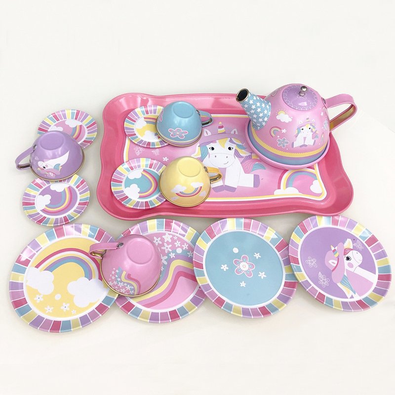 14pcs Tea Party Set For Little Girls Kitchen Utensils Tableware Metal Princess Tea Party Set Pretend Play Toys For Kids Gifts 