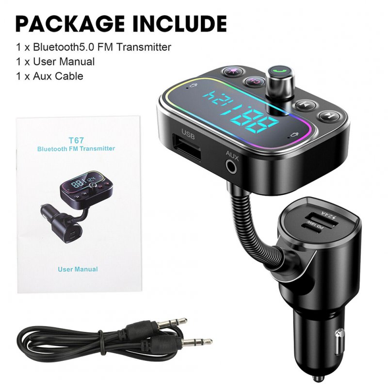 T67 Car Bluetooth-compatible Mp3 Player Hands-free Calling Car Charger Qc3.0 Aux Radio Adapter 