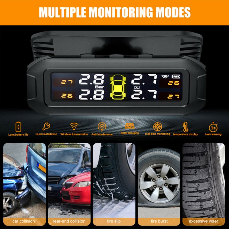 T8 Wireless Solar Car Tire  Pressure  Monitoring  System 4 External Sensors With Pressure Temperature Display High Precision Instrument Tpms 