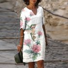 women V-neck Dress Mid-length short sleeve pullover skirt elegant style with flower pattern for spring Summer  White S