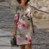 women V neck Dress Mid length short sleeve pullover skirt elegant style with flower pattern for spring Summer  green S