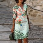 women V-neck Dress Mid-length short sleeve pullover skirt elegant style with flower pattern for spring Summer  green M