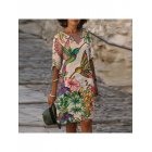 women V-neck Dress Mid-length short sleeve pullover skirt elegant style with flower pattern for spring Summer  Purple M