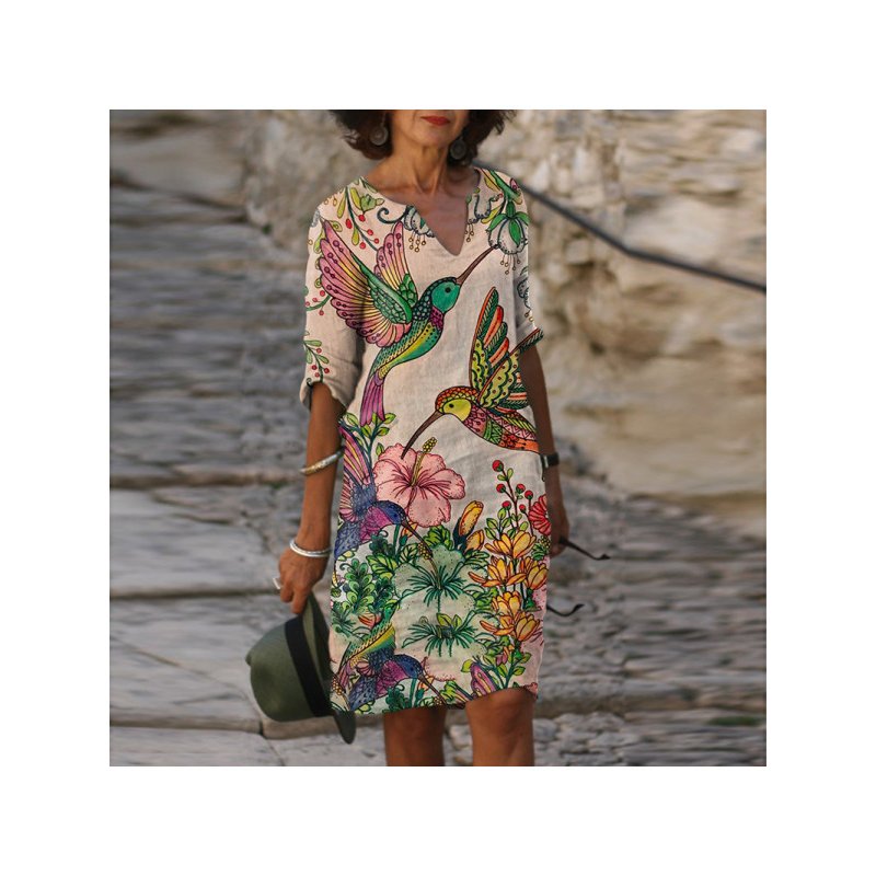 women V-neck Dress Mid-length short sleeve pullover skirt elegant style with flower pattern for spring Summer  Purple L