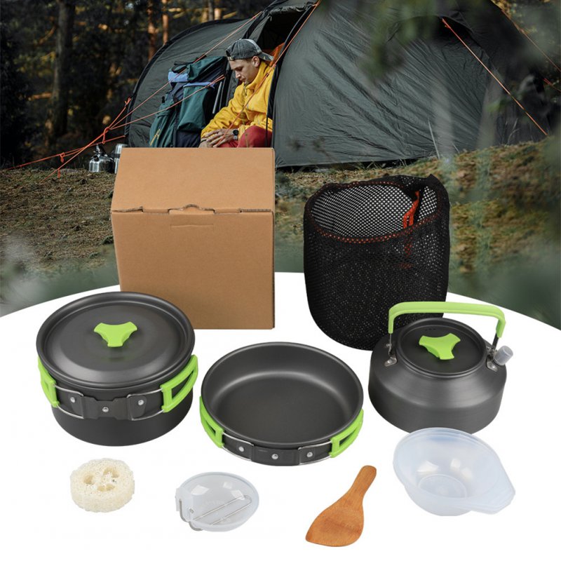 9 Pcs Outdoor Camping Cookware DS310 Picnic Cooking Set With Cooking Pot Frying Pan Kettle Plastic Bowl Spoon Rice Shovel Loofah Pouch 