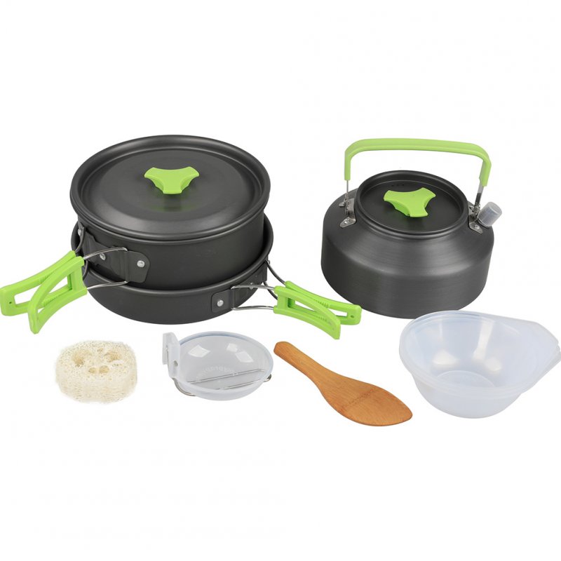 9 Pcs Outdoor Camping Cookware DS310 Picnic Cooking Set With Cooking Pot Frying Pan Kettle Plastic Bowl Spoon Rice Shovel Loofah Pouch 