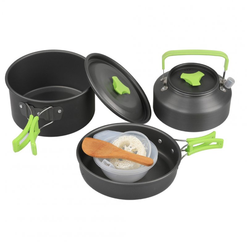 9 Pcs Outdoor Camping Cookware DS310 Picnic Cooking Set With Cooking Pot Frying Pan Kettle Plastic Bowl Spoon Rice Shovel Loofah Pouch 