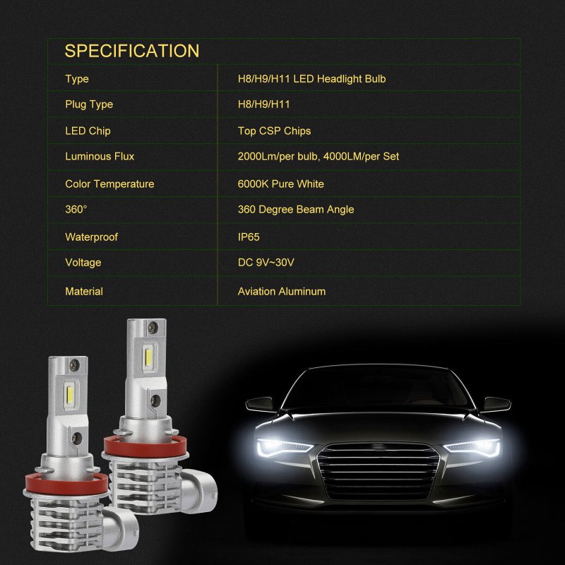 2pcs Car Led Headlight Kit H11 H9 H8 Super Bright Fog Lamp Daytime Running Light Bulbs 6000k White Waterproof 