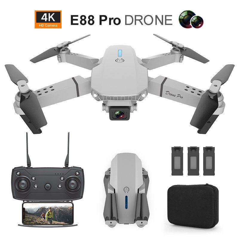 E88 Dual-lens Uav Foldable Aerial Photography Quadcopter With Fixed Height And Stiff Remote  Control  Aircraft Single lens 4k package white_3 battery
