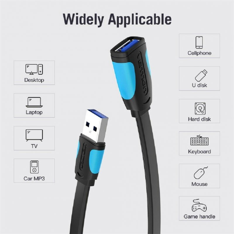 3.0 2.0 USB Extension Cable Male to Female High-speed Transmission Data Cable Black Flat Cable 0.5 / 1 / 1.5 / 2/3 Meters 