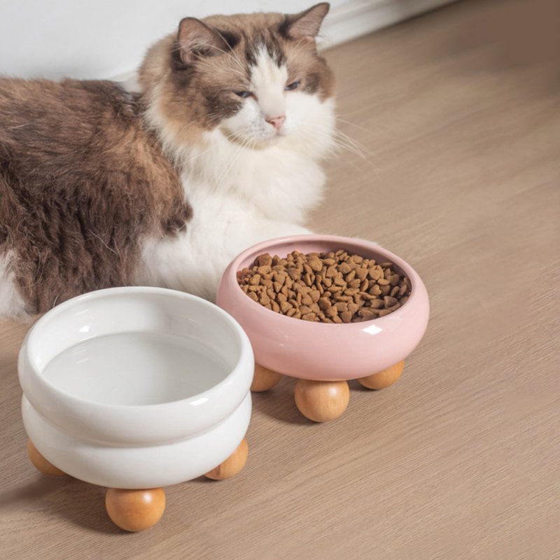 Ceramic Cat Feeding Bowls Large Capacity Neck Protection Anti Vomiting Food Water Bowls Food Dispenser With Wooden Ball Rack (15.2 x 8.8cm) 