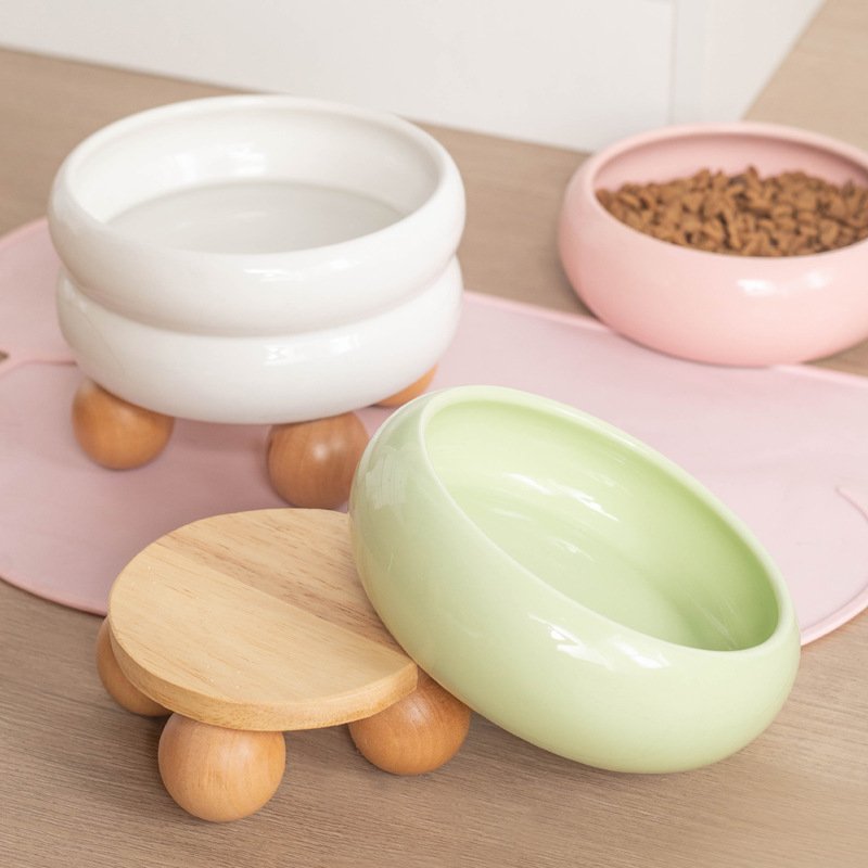 Ceramic Cat Feeding Bowls Large Capacity Neck Protection Anti Vomiting Food Water Bowls Food Dispenser With Wooden Ball Rack (15.2 x 8.8cm) 