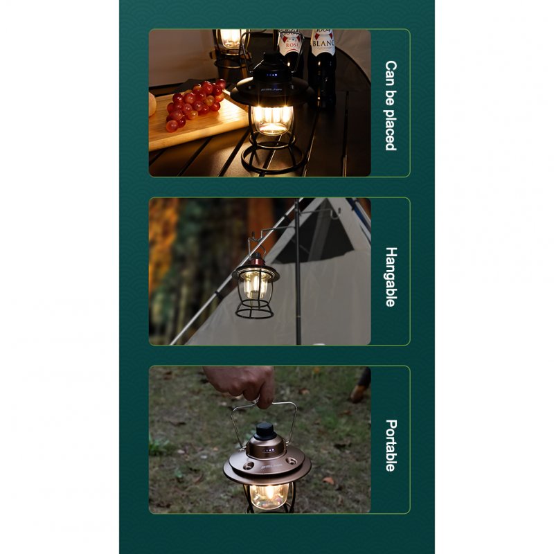 Led Retro Portable Camping Lantern Multifunctional Rechargeable Stepless Dimming Outdoor Hanging Tent Lamp 