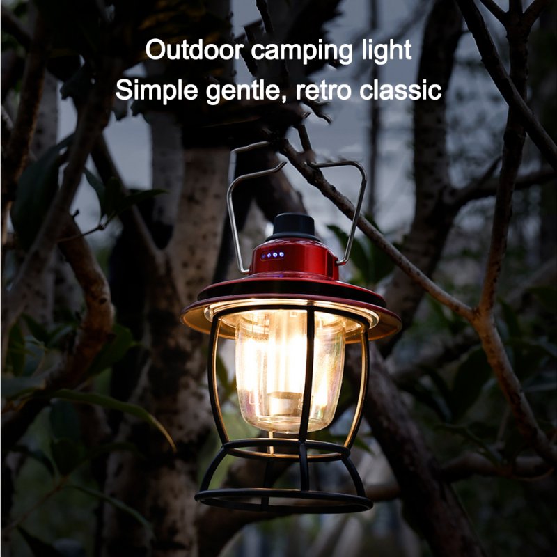 Led Retro Portable Camping Lantern Multifunctional Rechargeable Stepless Dimming Outdoor Hanging Tent Lamp 